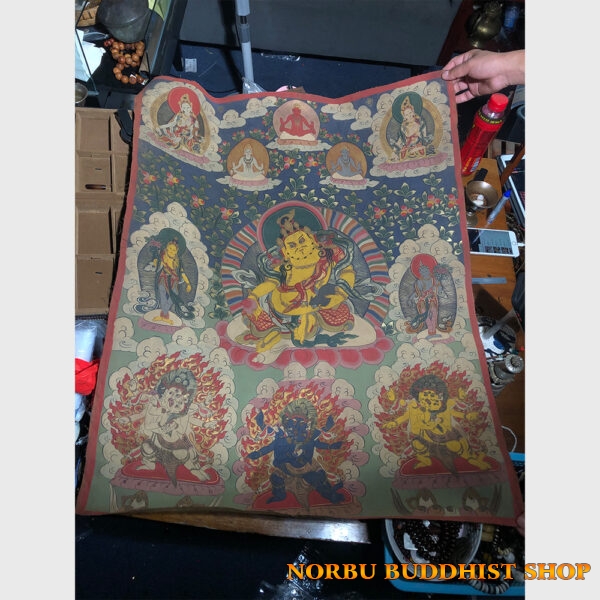 Thangka vẽ tay Tibet ngài Hoàng Thần Tài Zambala hiếm gặp