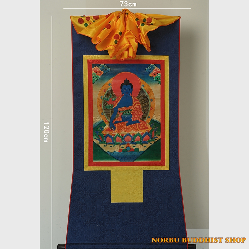 Tranh thangka Đức Phật Dược Sư bọc gấm vẽ khoáng từ Tibet